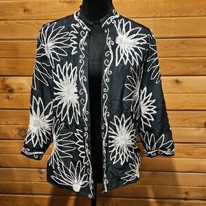 Chico's Silk Floral Emroidered Jacket Size 2 (Large 12) Black w White Flowers